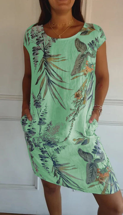 Damen Kleid Rundhals Ausschnitt Blumenmuster