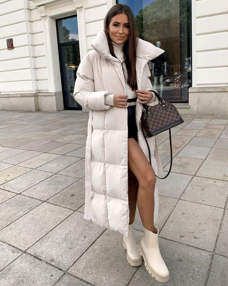 Lange Daunenjacke Damen Gürtel - IdealeKleiden