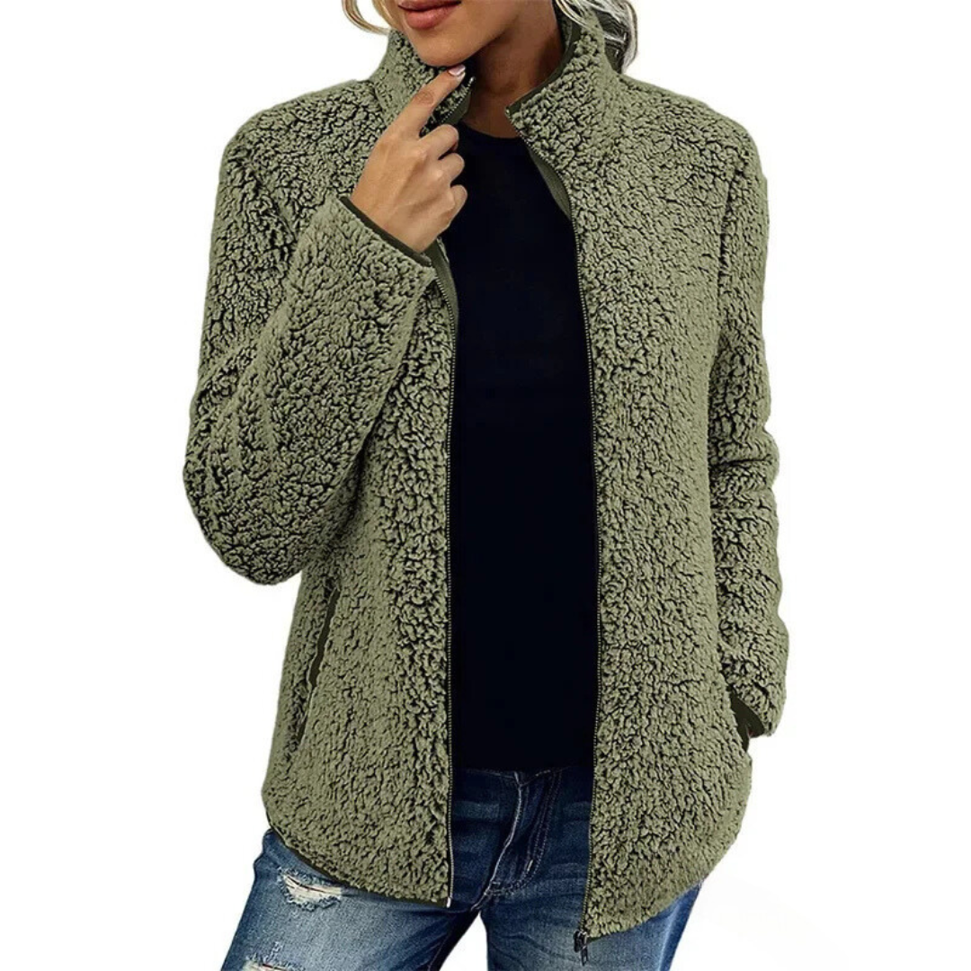 Weiche Damen Teddyjacke Hochgeschlossen Mit Reißverschluss