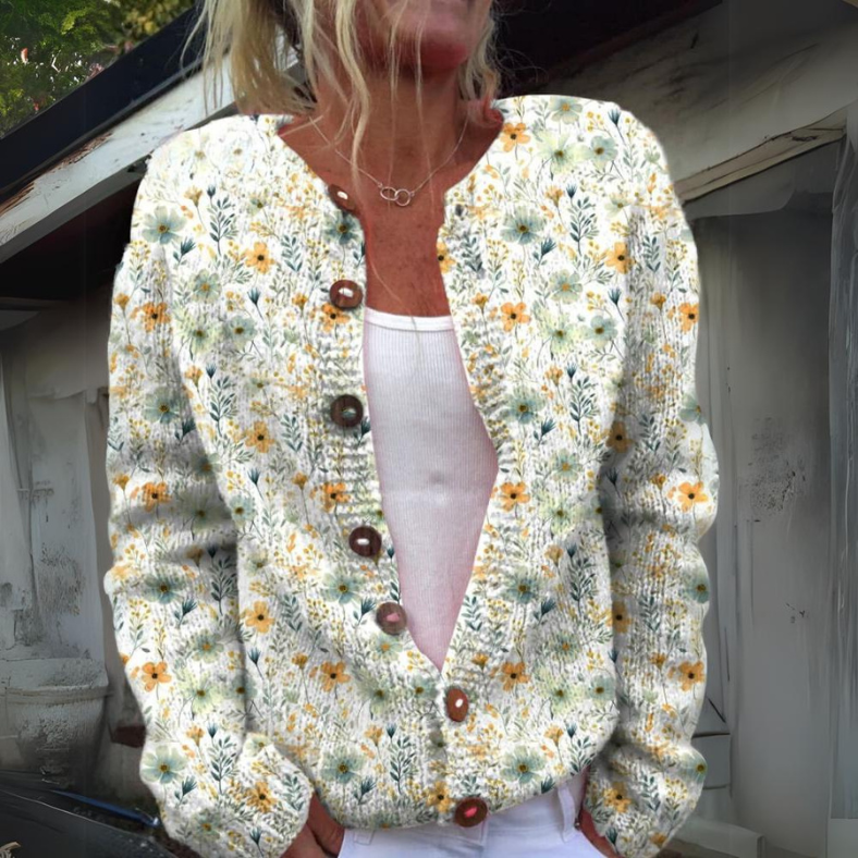 Elegante Damenstrickjacke Blumenmuster Modern - IdealeKleiden
