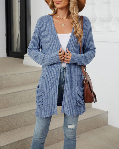 Stylischer Einfarbiger Cardigan Langärmlig Mit Tasche - IdealeKleiden