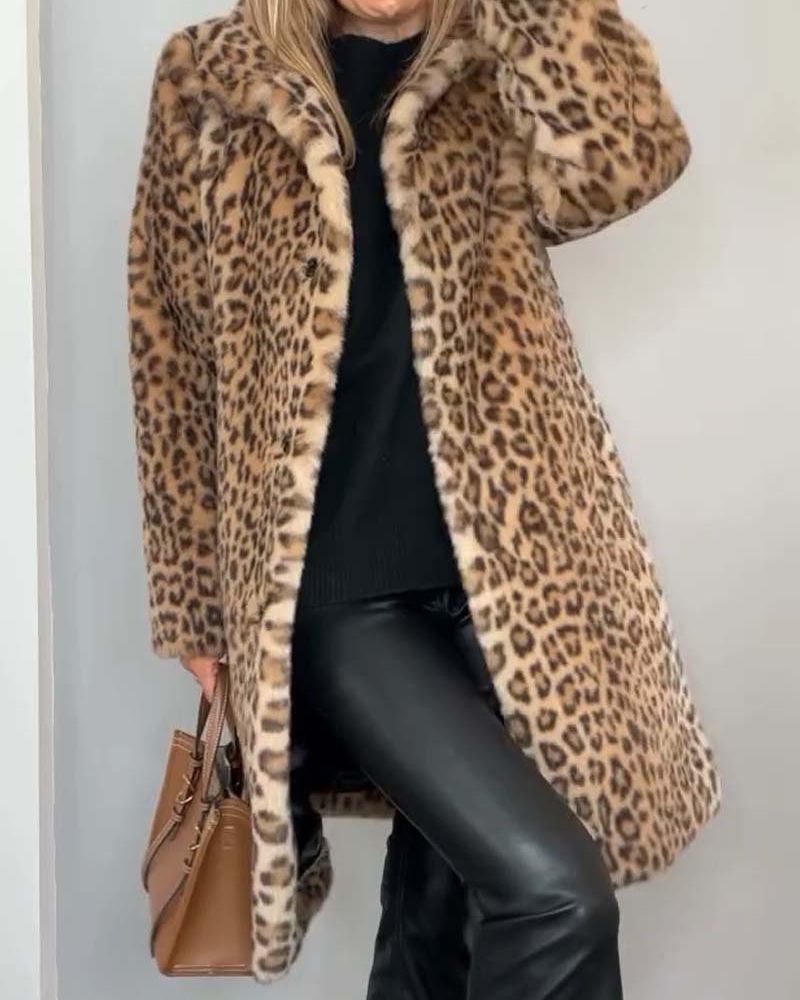 Leopardenjacke Damen Lang Weich Schwarz
