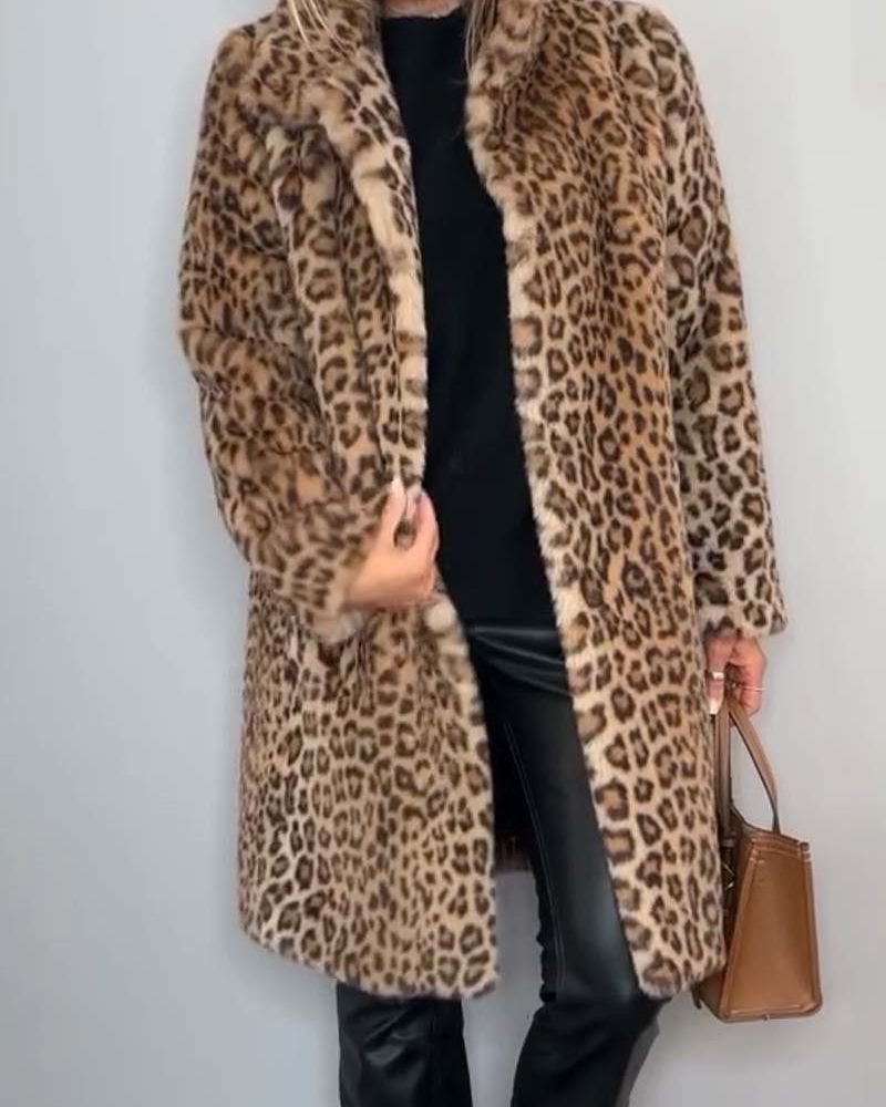 Leopardenjacke Damen Lang Weich Schwarz - IdealeKleiden