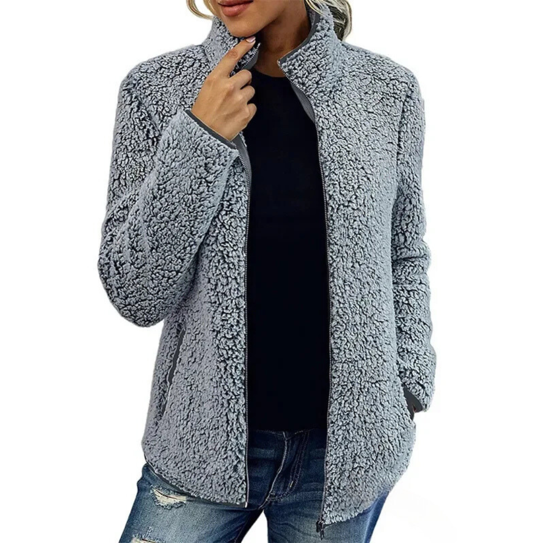 Weiche Damen Teddyjacke Hochgeschlossen Mit Reißverschluss