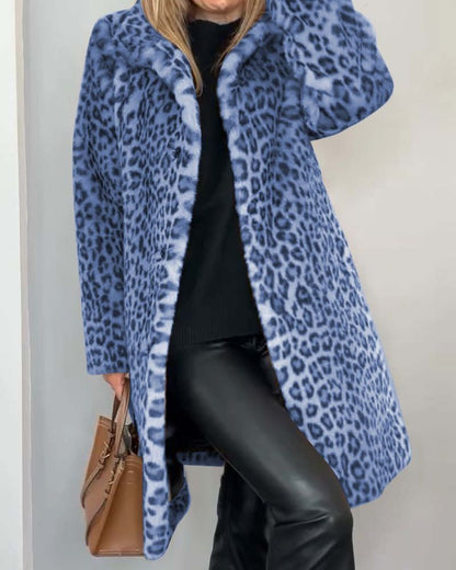 Leopardenjacke Damen Lang Weich Schwarz