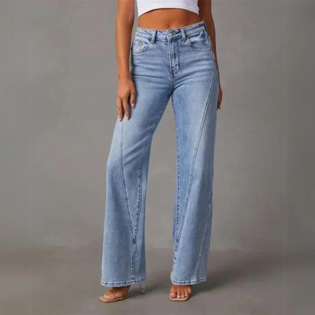 Damen Jeans Hochgeschnitten Bequem Weite Bein - IdealeKleiden