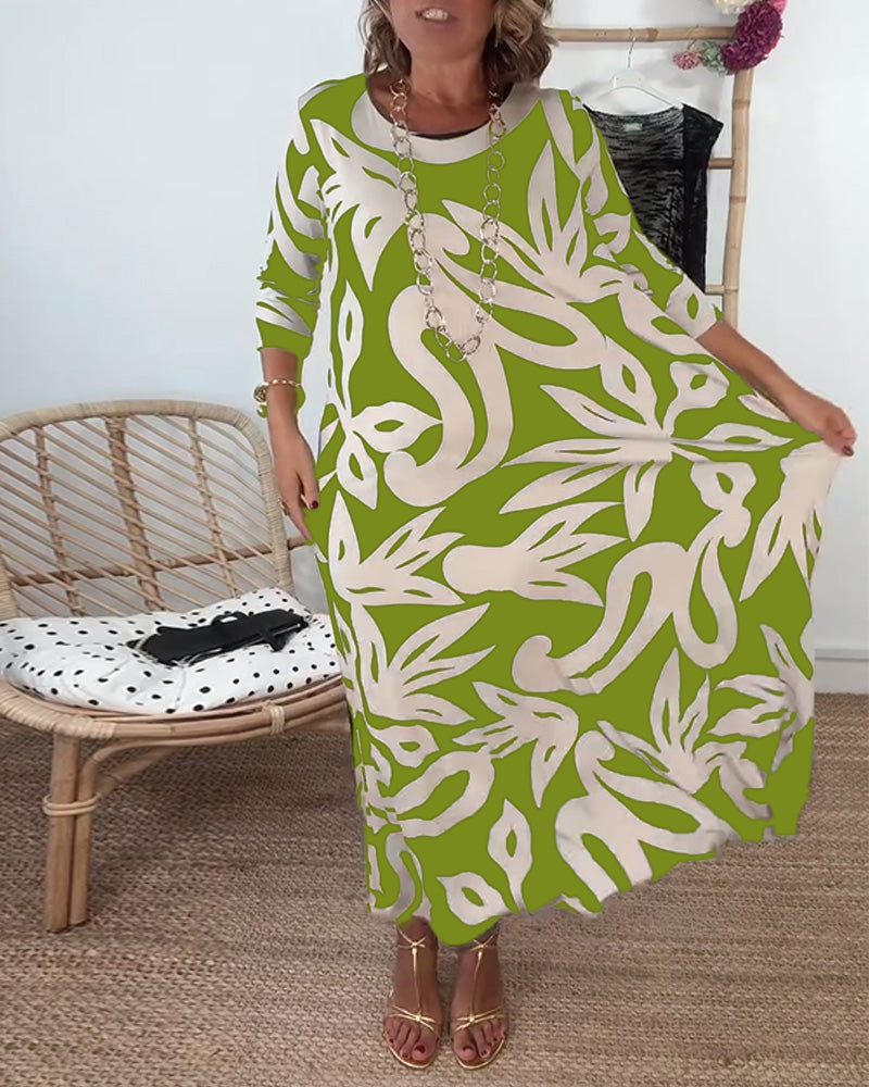 Damenkleid Rundhals Langärmlig mit farbigem Druck