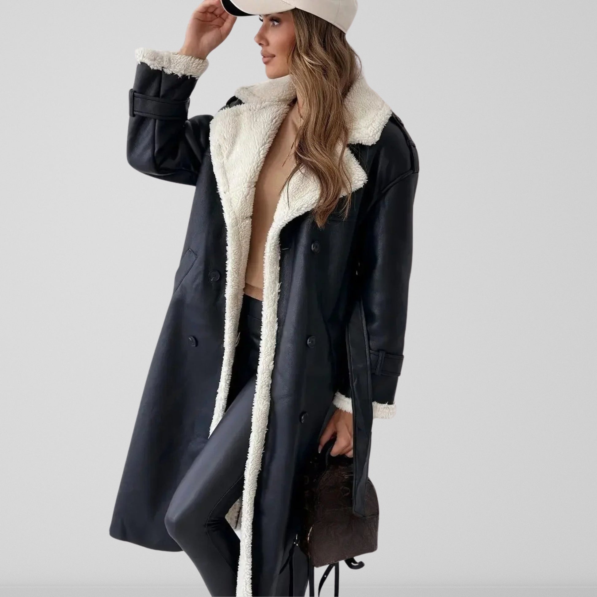 Langer Oversized Mantel Schaffell gefüttert Gürtel - IdealeKleiden
