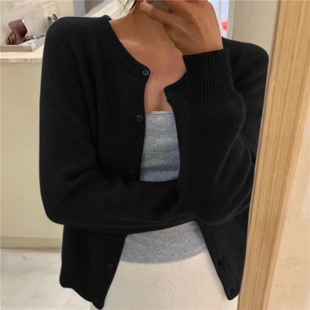 Damen Strickjacke Rundhals Elegant Langarm