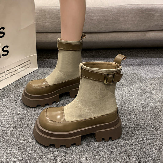 Stylische Stiefel Canvas Kurz Dicksohlige Schnellverschluss - IdealeKleiden