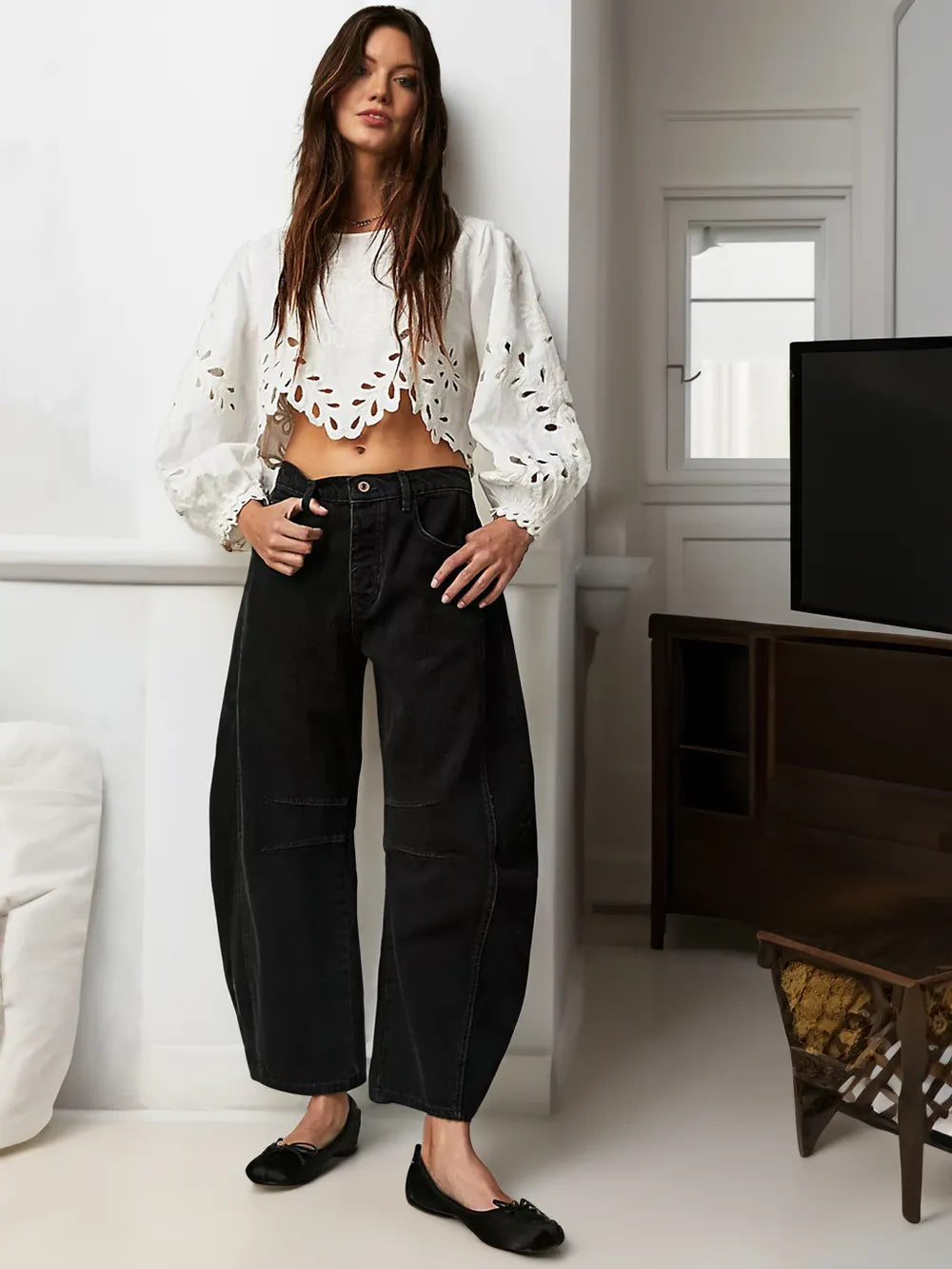 Damen Jeans Weit Bequem Nahtdetails