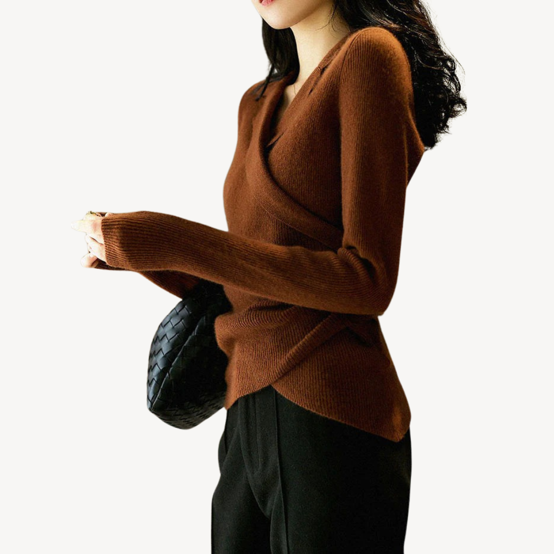 Damen Pullover Strick Wickel V-Ausschnitt Modern