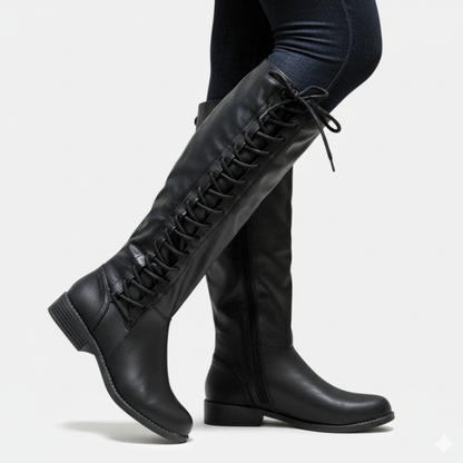 Knielange Stiefel aus Kunstleder mit Kreuzschnürung - IdealeKleiden