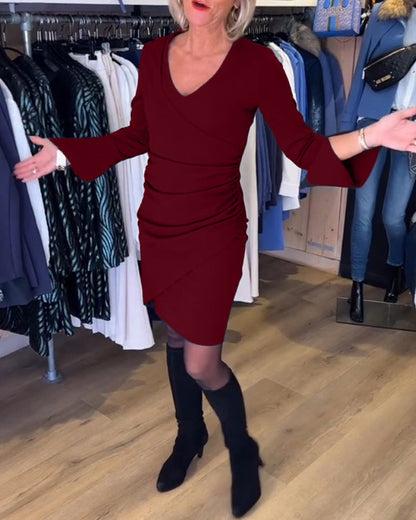 Frauen Kleid V-Ausschnitt Flare Ärmel