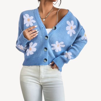 Frauen Cardigan Blumenmuster Buttons Vorderseite - IdealeKleiden