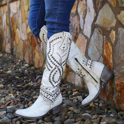 Stilvolle Stiefel Damen Hoch Metall Nieten Blockabsatz