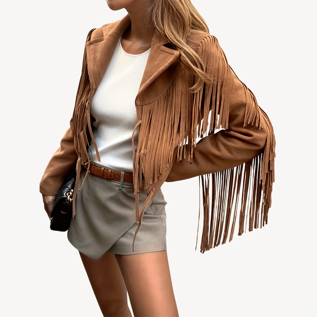 Stilvolle Damenjacke Wildleder Fransen Design - IdealeKleiden