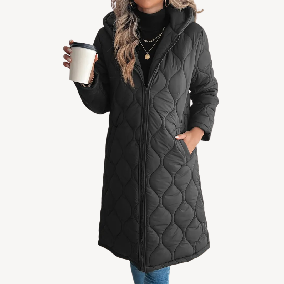 Stylischer Damen Puffermantel Schwarz Steppkapuze - IdealeKleiden