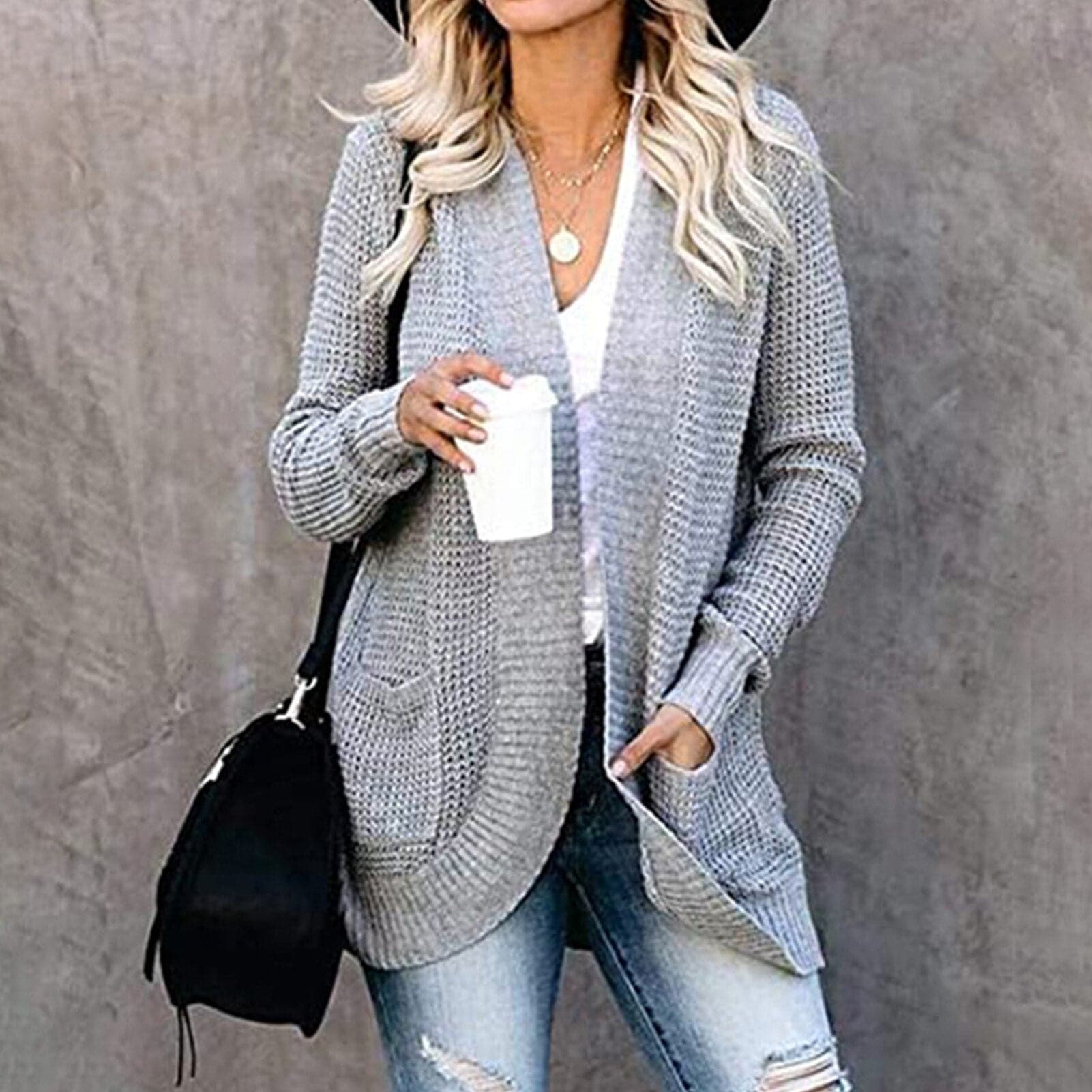 Weiche Strickjacke Lockere Fit Offene Front Taschen - IdealeKleiden