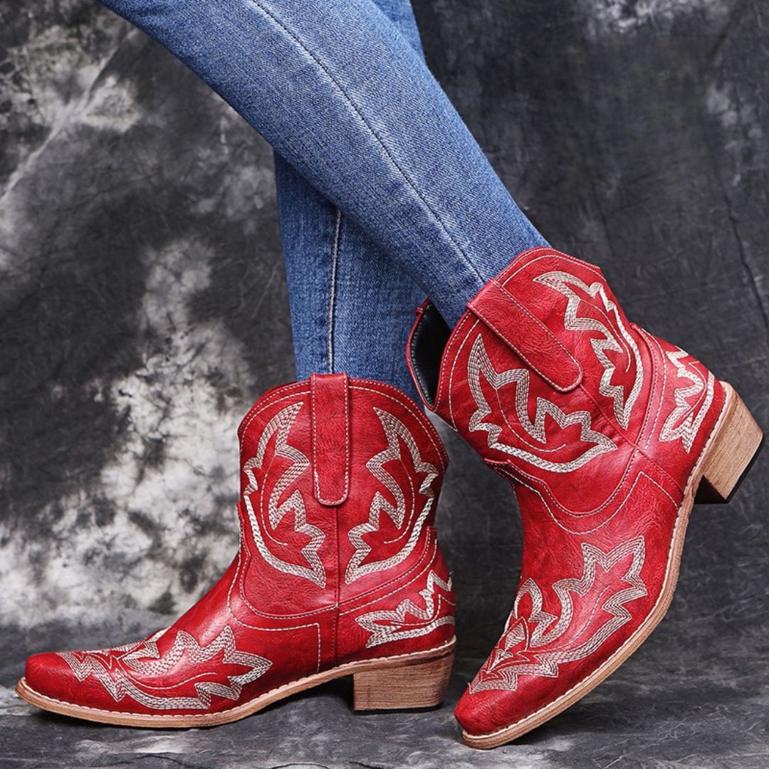 Westernstiefel Damen Bestickt Leder Spitz Knöchelhoehe Blockabsatz