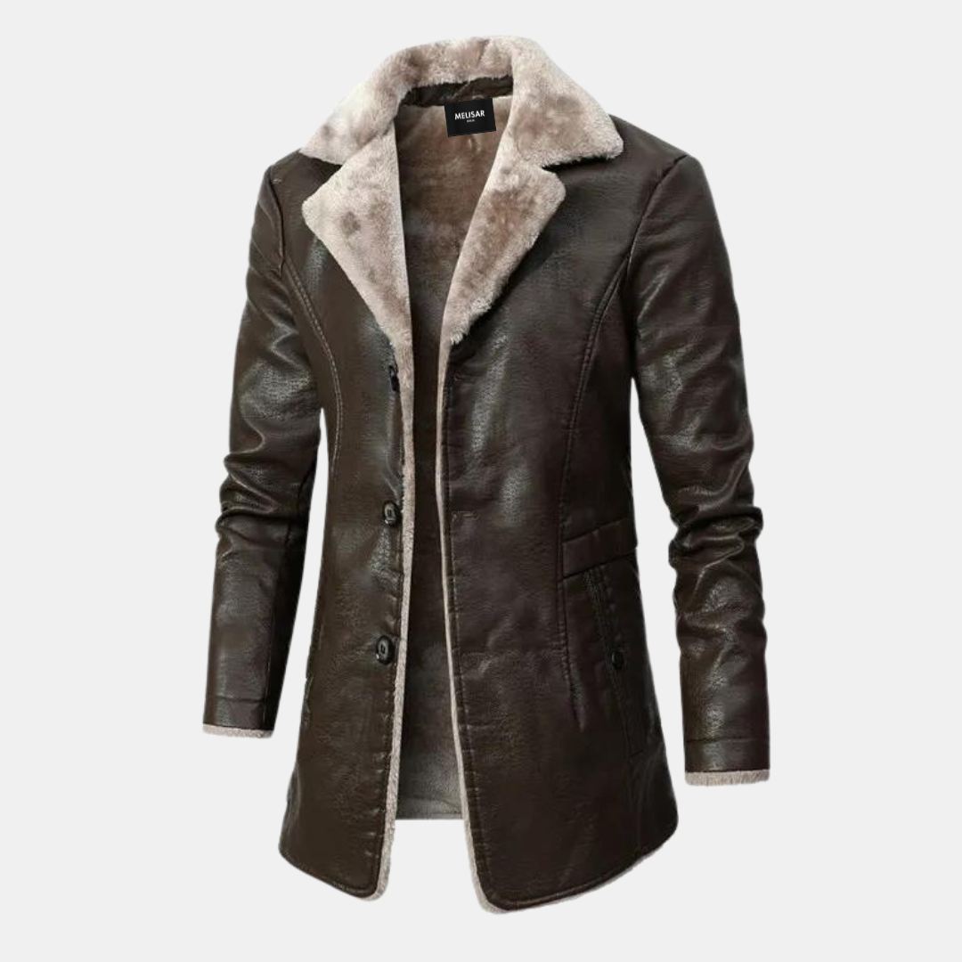 Herren Winter Ledermantel Elegant Schwarz