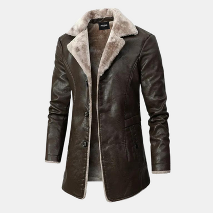 Herren Winter Ledermantel Elegant Schwarz
