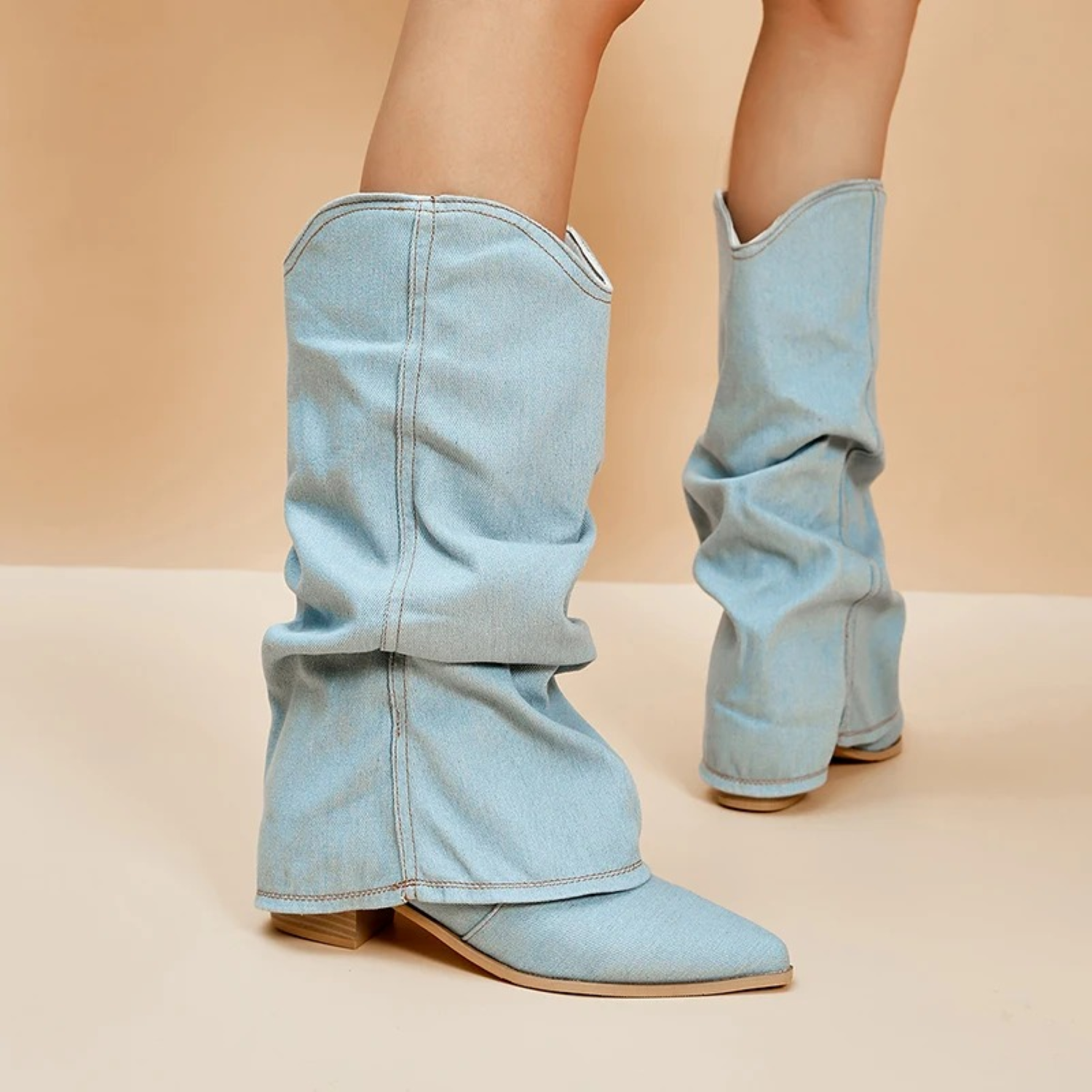 Knielange Stiefel Weiches Denim Spitze Zehe Niedriger Absatz - IdealeKleiden