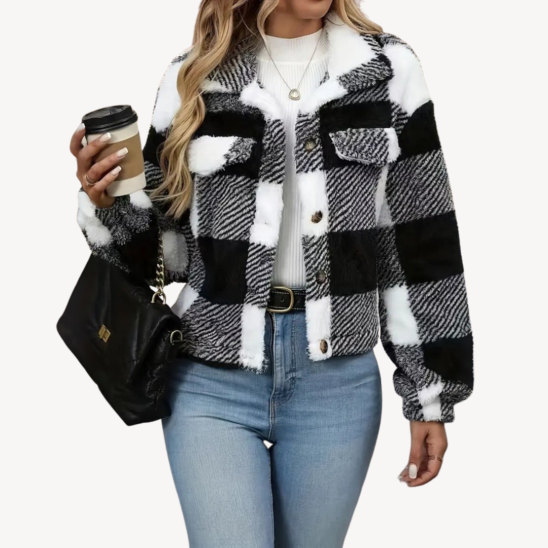 Damen Sherpa Jacke Kariert Warm - IdealeKleiden