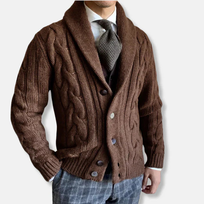 Herren Cardigan Wollig Zopf Muster Schalkragen