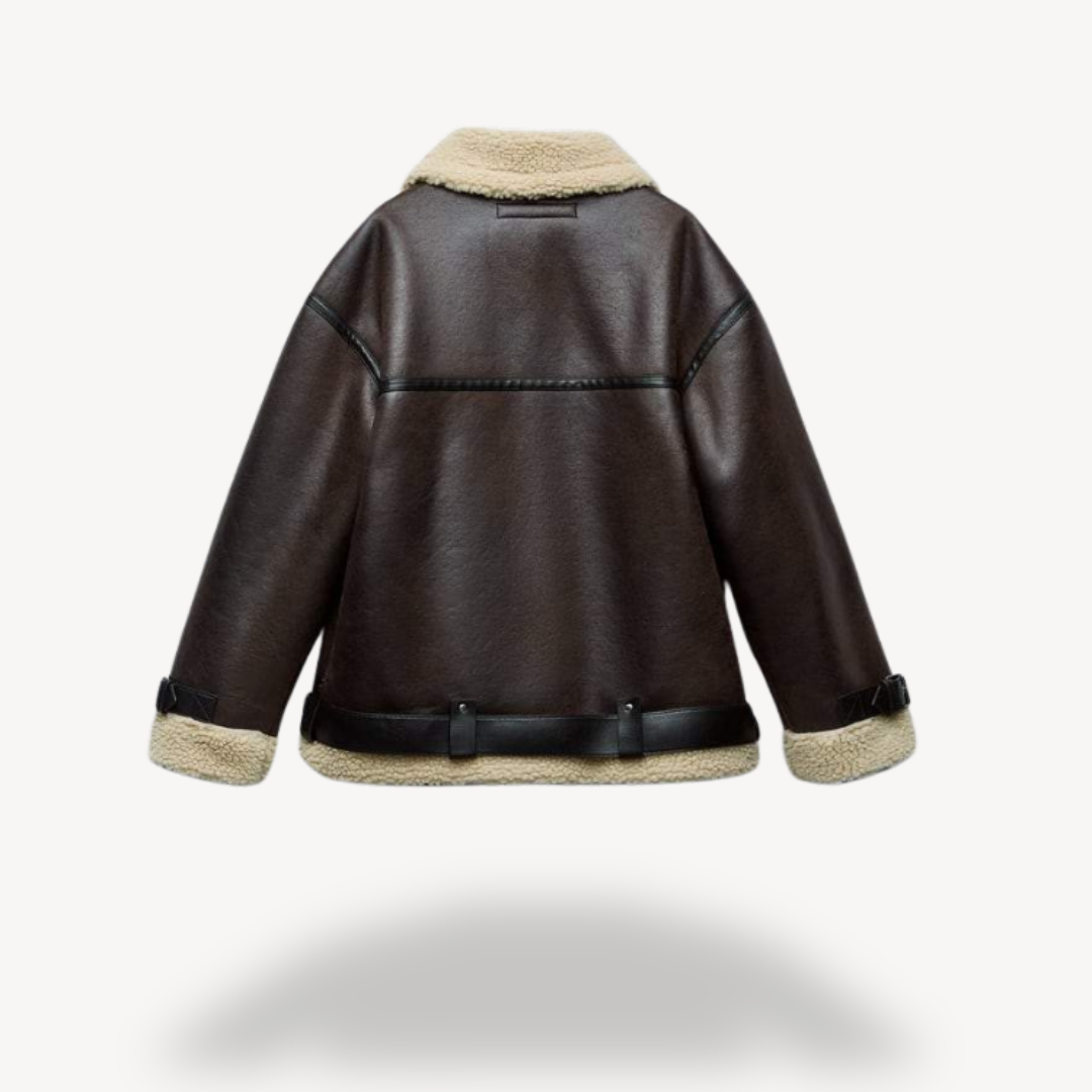 Shearling Lederjacke Frauen Trendy Bikerstil - IdealeKleiden