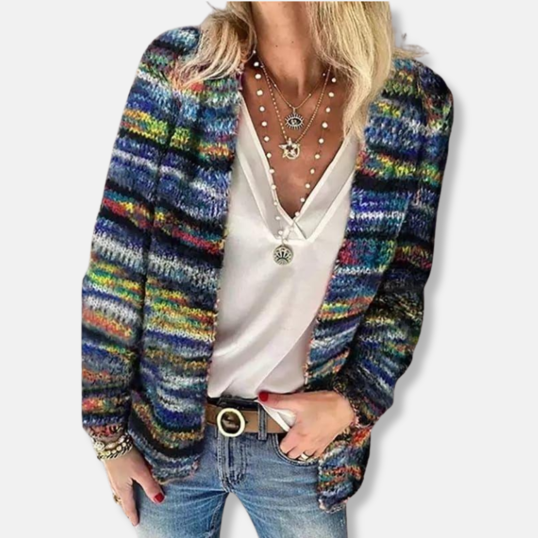 Wolle Strickjacke Offene Front Lässig Streifen
