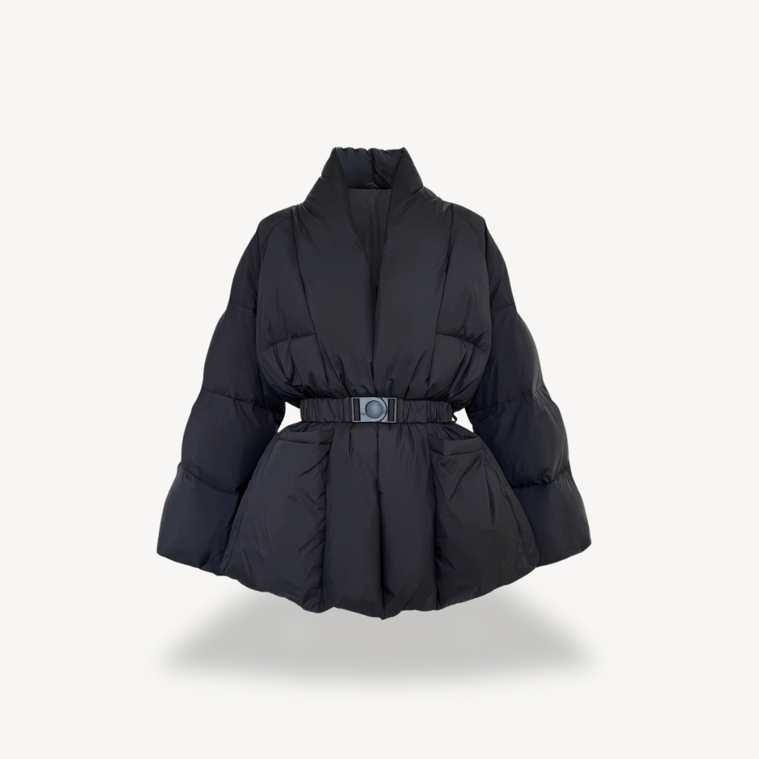 Damen Pufferjacke Schwarz Gürtel Warm - IdealeKleiden