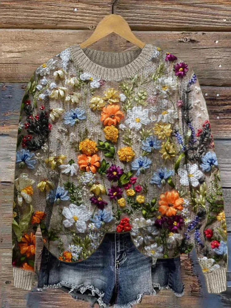 Weicher Damenpullover Blumenmuster - IdealeKleiden