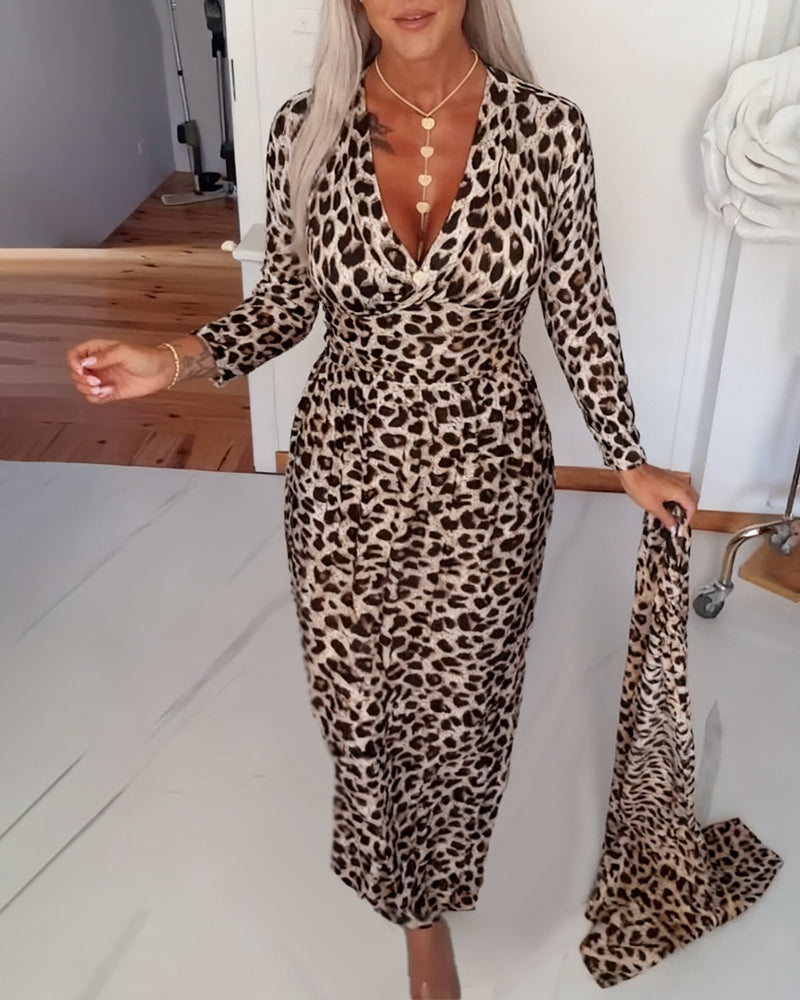 V-Ausschnitt Kleid Leopardenmuster Elegant