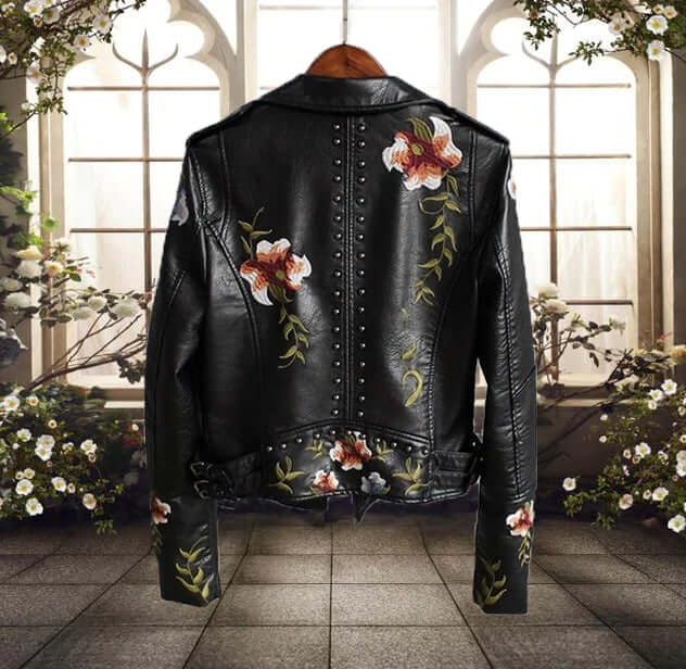 Stylische Damen Lederjacke Blumenmuster - IdealeKleiden