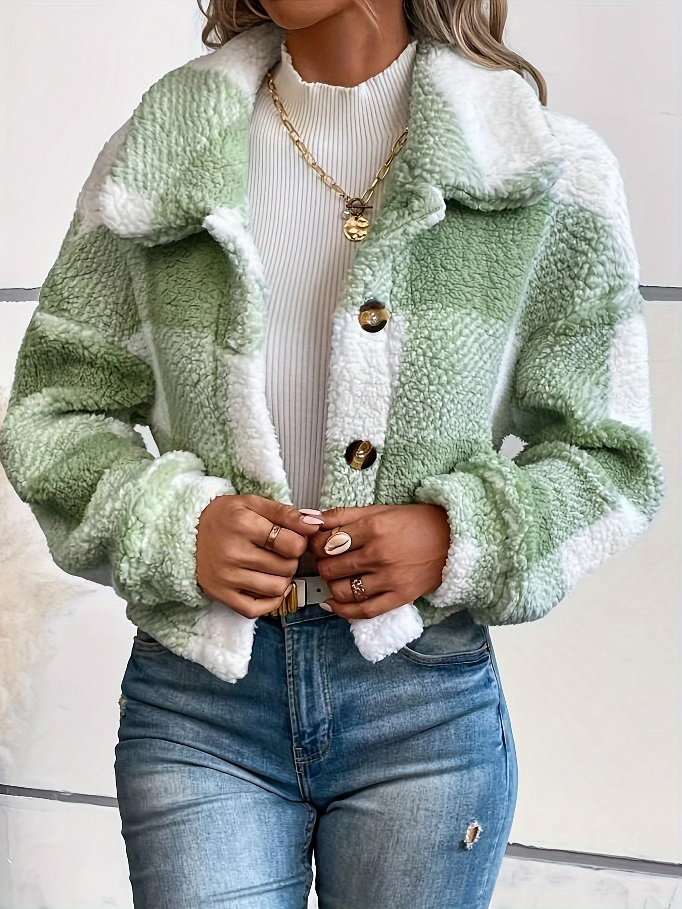 Kariertes Teddyjacke Damen Modern Knopfverschluss
