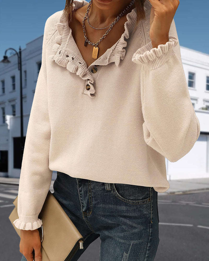 Stylischer Einfarbiger Pullover mit Rüschen Detail