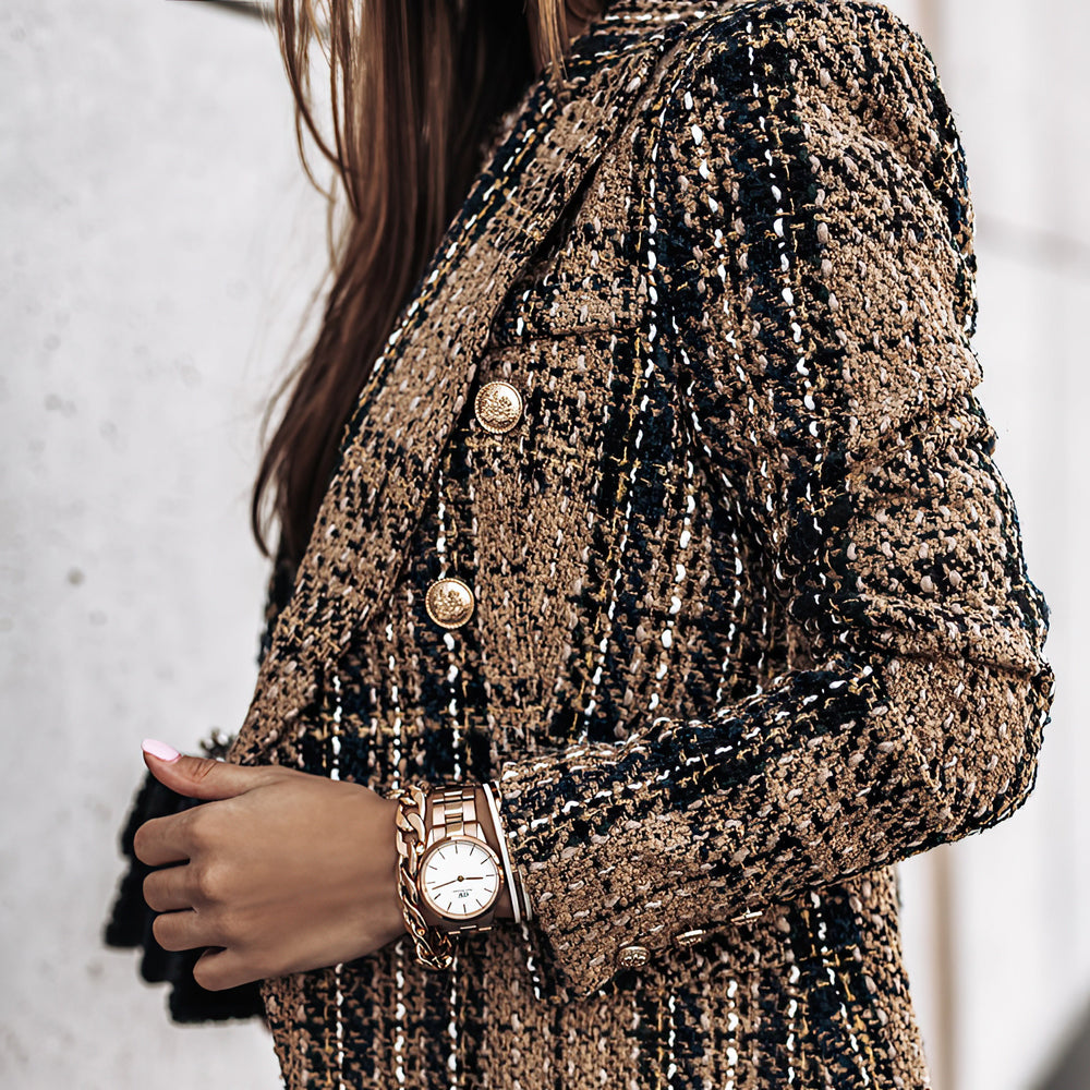 Damen Blazer Karo Muster Strick Optik