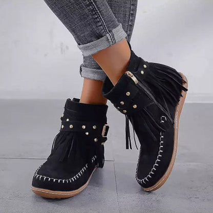 Stiefel Damen Flach Nieten Riemen Schnalle