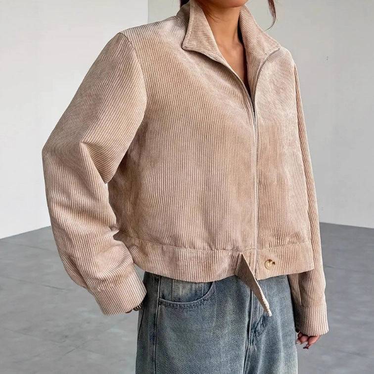 Kurz Geschnittene Cordjacke Trendy Style Reißverschluss - IdealeKleiden
