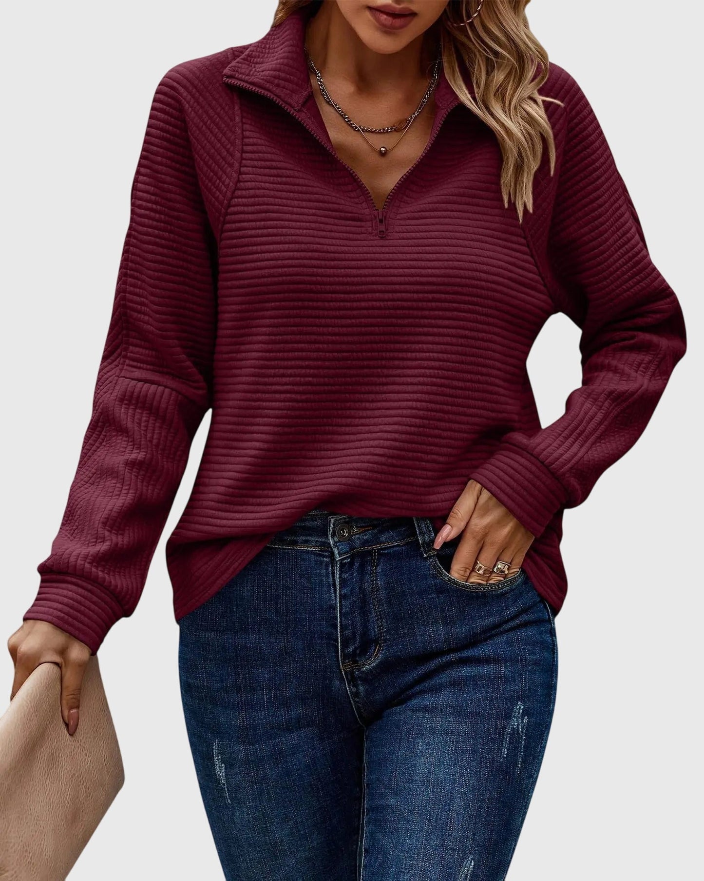 Damen Pullover Langarm Bequem Reißverschluss