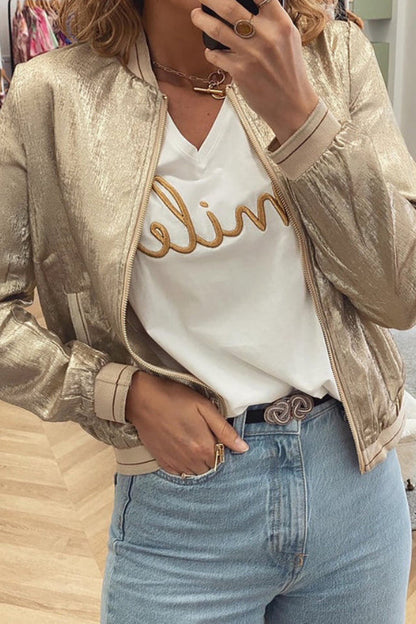 Trendige Baseballjacke Khaki Metallic Schnellverschluss