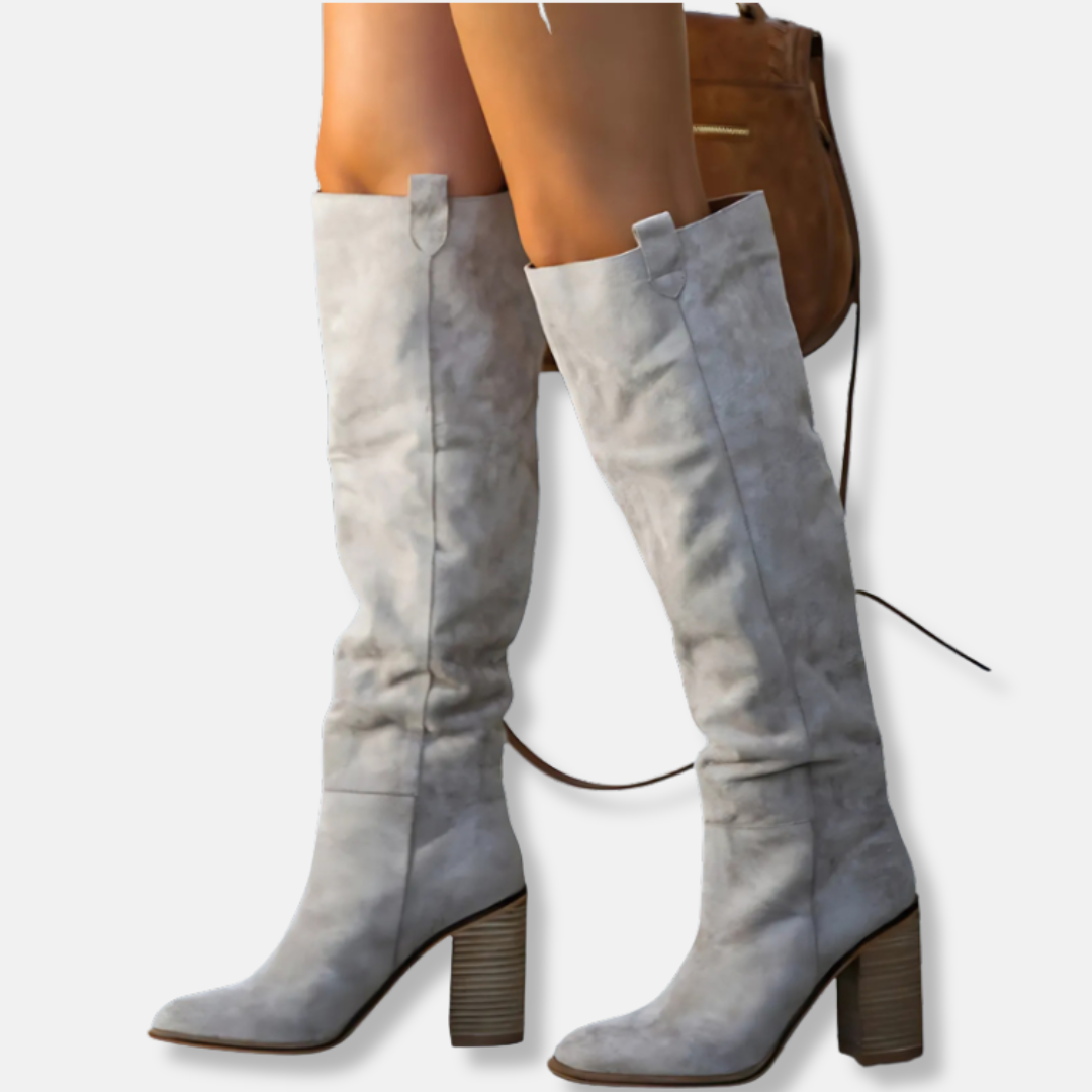 Stilvolle Stiefel Damen - Wildlederoptik - Chunky Absatz - Spitzes Zehenende