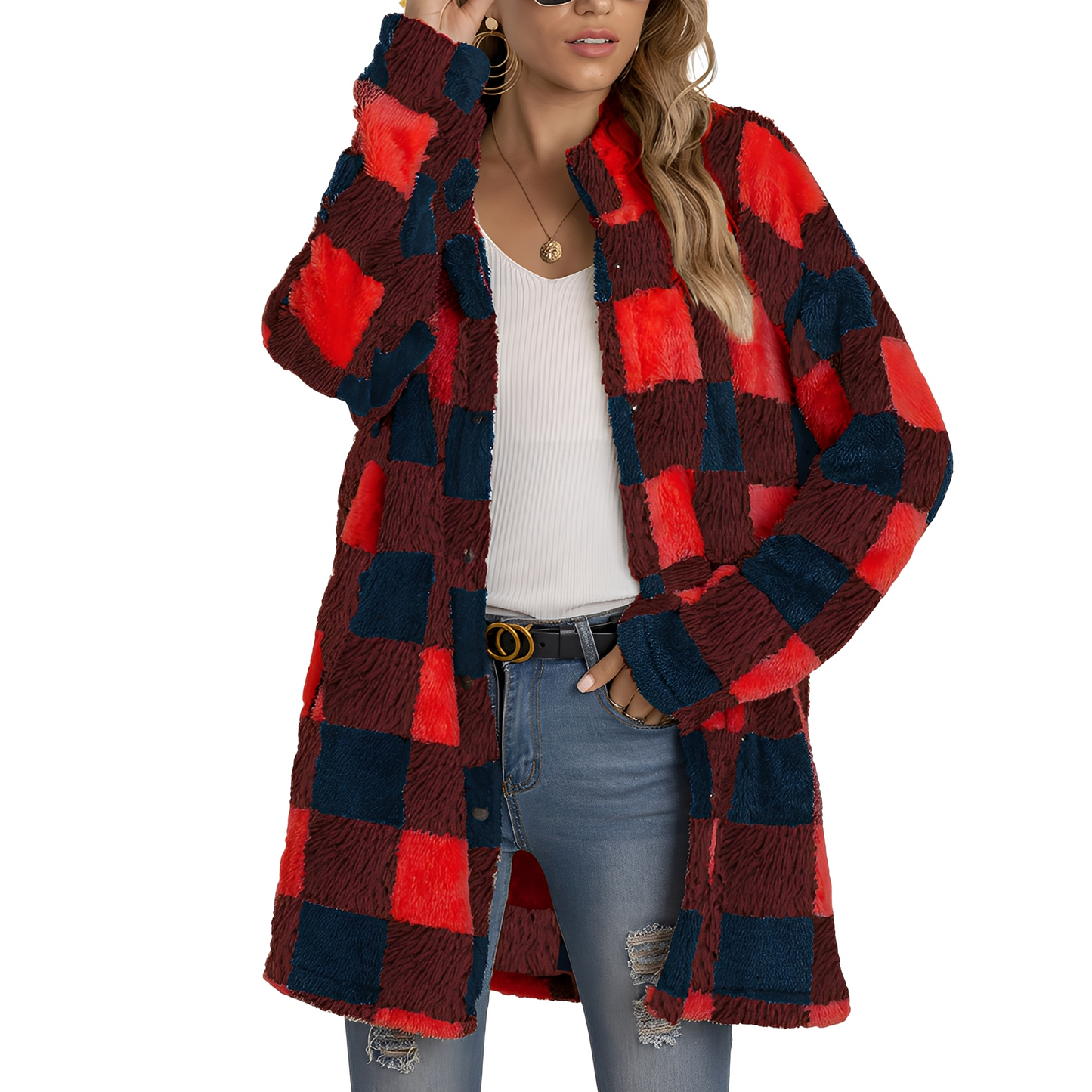 Elegante Damen Karo Jacke Lang