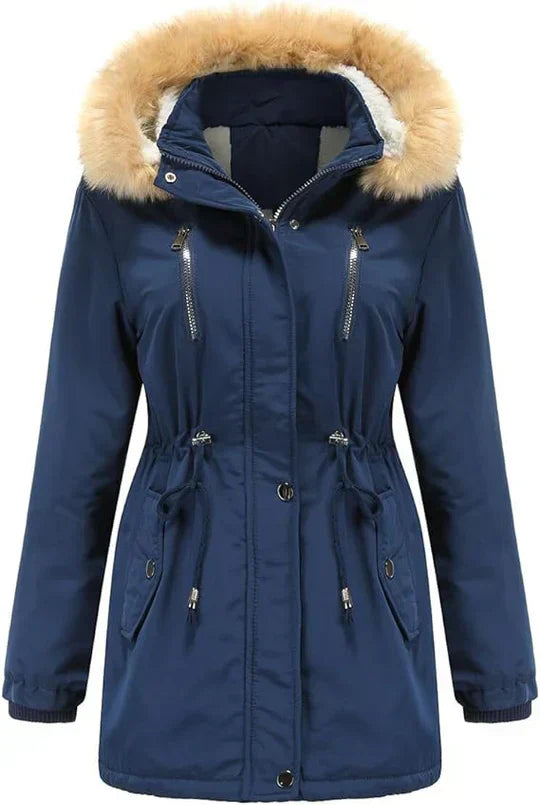 Langer Wintermantel mit Kapuze Kunstfell Fleece