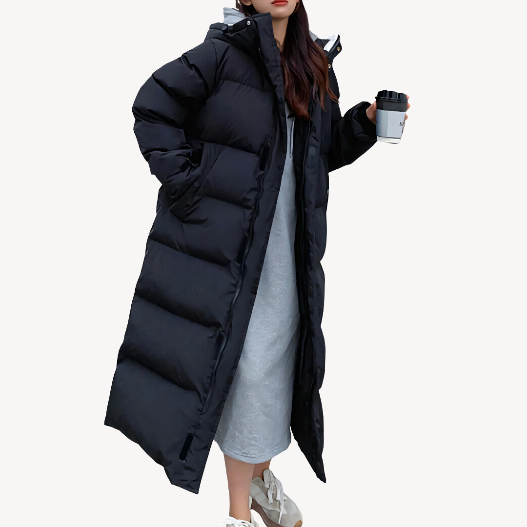 Warmes Daunenkleid Frauen Mantel Kapuze - IdealeKleiden