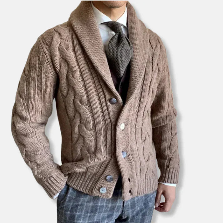 Herren Cardigan Wollig Zopf Muster Schalkragen - IdealeKleiden
