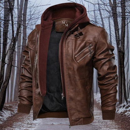 Warme Lederjacke Kapuze Winter