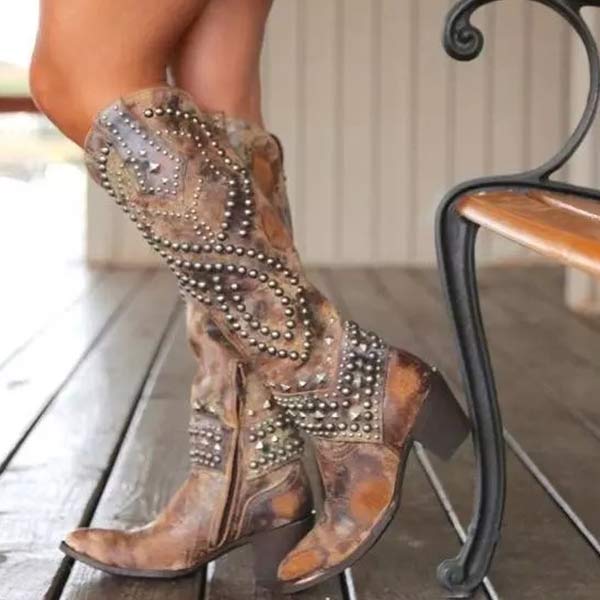 Stilvolle Stiefel Damen Hoch Metall Nieten Blockabsatz