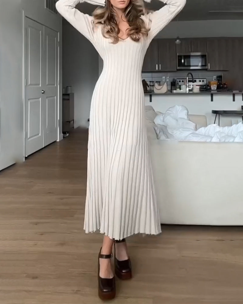 Rippkleid V-Ausschnitt Elegant Damenkleid - IdealeKleiden